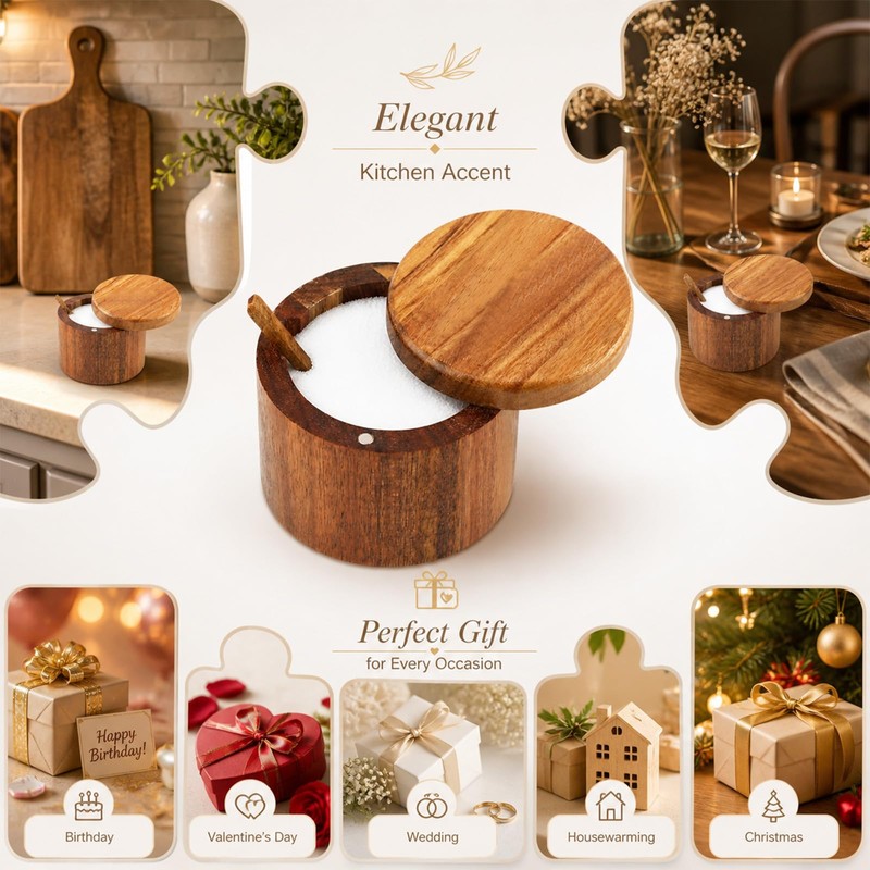 Salt Cellar, Acacia Wood Salt Container with Built‑in Spoon &