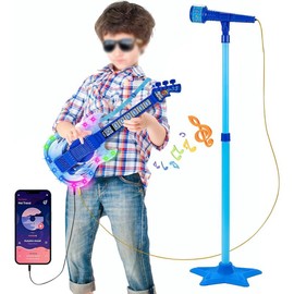 Guitar and Microphone Play Set for Kids, Karaoke Machine Toy with Music&Light for Girls Boys, Microphone Toys with Stand, Adjustable Height Guitar Toys for Child - Color: Blue-2