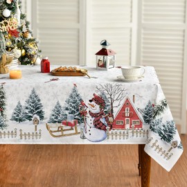 Horaldaily Christmas Tablecloth 52×70 Inch, Winter Snowman House Christmas Trees Whirte Washable Table Cover for Party Picnic Dinner Decor