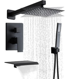 RTTWYYUU Matte Black Shower Faucet Set with Tub Spout 8 Inch, Shower Head and Handle with 2 Hooks, Tub and Shower Faucet Combo, Rain Shower and Handheld Shower System Square Wall Mount for Bathroom