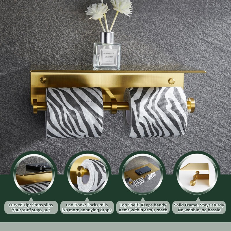APLusee Brushed Gold Double Toilet Paper Holder with Shelf, Heavy