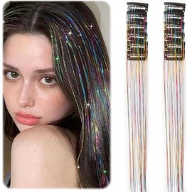 FENQURO Pack of 12 Glitter Hair Strands Tinsel Hair Extensions Glitter Girls Accessories Party Highlights Hair Tinsel Hair Strands for Braiding Hairpiece with Clip for Girls Women