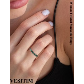Vesitim Twisted Stackable Rings 925 Sterling Silver Infinity Eternity Ring for Women Birthstone Stacking Band Size 5-10, 7, Created Emerald