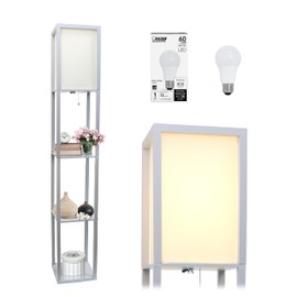 Simple Designs LF1014-GRY-LB Three Shelf Etagere Organizer Storage Floor Lamp with White Linen Shade for Living Room, Bedroom, Office, Hallway, Gray, with Feit LED Bulb Included