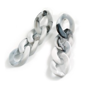 Large Oval Link Acrylic Chain Drop Earrings (Marble Effect in White/Black) - 60mm Long