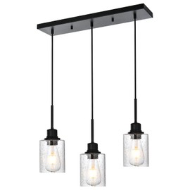 PENDRION Modern 3-Light Pendant Island Light Fixture Black Ceiling Hanging Lights with Clear Seeded Glass and Adjustable Cord,Industrial Pendant Lighting for Kitchen Living Room Dining Room Foyer