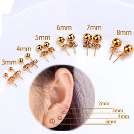 Golden Ball Stud Earrings Unisex Set of 6 Pairs 316L Stainless Steel Plain Ball Round Bead Set Shiny Earrings All Size-3mm 4mm 5mm 6mm 7mm 8mm for Men Women Unisex