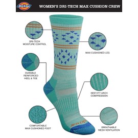 Dickies Women's Dri-tech Fashion Moisture Control Crew Socks, Available in S-XL (5, 6, 12 Pairs), Max Cushion Blue Coral Assorted (6 Pairs), Medium