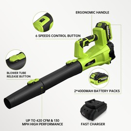 Leaf Blower Cordless,SIXCRAFTSMEN 21V Cordless Electric Blower with 2 Batteries and Fast Charger, 6-Speeds Lightweight Leaf Blower with Extension Tube for Patio, Lawn,Garage,Blowing Leaves, Dust, Snow