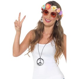 Smiffys Hippie Festival Kit, Multi-Coloured Flower Headband, Glasses, Medallion & Earrings, 1960's Groovy Fancy Dress, Adult Dress Up Accessories