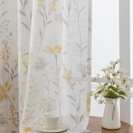 SUOUO Yellow Floral Semi-Sheer Curtains for Living Room Linen Textured 96 inches Long Rod Pocket Pattern Grey Leaf Light Filtering White Window Drapes for Bedroom 2 Panels