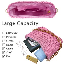 Small Straw Handbags for Women Crossbody Pocketbooks Woven Shoulder Purses Beach Tote Bag for Summer Vacation with Chain, Pink, Fashion