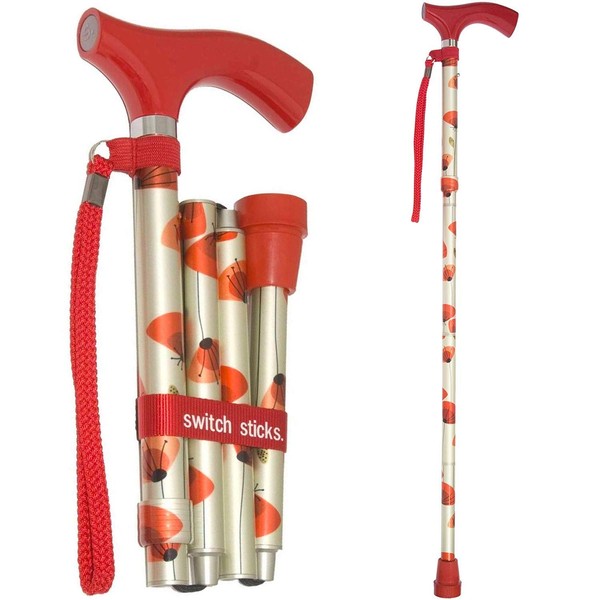 Switch Sticks Walking Cane for Men or Women, Foldable and Adjustable from 32-37 Inches, FSA and HSA Eligible, Poppies