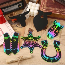 JULMELON 36 PCS Western Crafts, Rainbow Scratch Art Cowboy Rodeo Party Favors DIY Magic Color Scratch Paper Cards for Western Theme Birthday Party Favors School Activities Games
