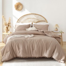 YIRDDEO King Size Comforter Set - King Size Comforter with Ball Pom Fringe, Soft King Bedding Set for All Seasons - 3 Pieces, 1 Comforter (104"x90"inches) & 2 Pillow Shams(20"x36"), Taupe