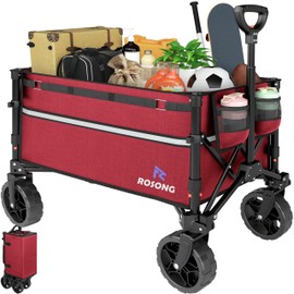 ROSONG Collapsible Wagon Cart with Wheels Foldable - Folding Utility Heavy Duty Wagons Carts for Grocery Sports Garden Shopping Camping Wheelbarrows, Burgundy