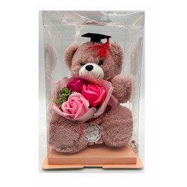 RBN Graduation Bear Gift Bouquet with Display Case Graduate Hat Teddy Bear Forever Roses Artificial Flower Gift for Daughter Friend Nurse (Pink)