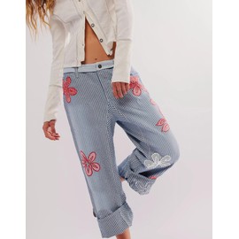 Kedera Women's Striped Pants Casual High Waisted Barrel Jeans Wide Leg Trousers Fun Jeans with Patch Pattern Blue