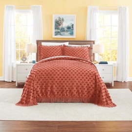 Color Connection Montgomery Ward Autumn Chenille Dot Bedspread -Polka-Dot, Knotted Fringe Sides, Spice, King