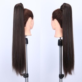 LADY MIRANDA Ponytail Extension with Tinsel Hair 26 Inch Dark Brown Wrap Around Pony Tails Hair Extensions Clip in Ponytail Hairpiece for Women