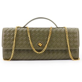 VESTURINA Woven Evening Clutch Purses for Women, Leather Crossbody Purse Shoulderbag for Wedding Party (Olive Green)