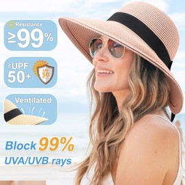 DRESHOW Sun Hats for Women Travel Fedora Foldable Beach Sun Hat Summer Wide Brim Straw Bucket Hat with Bowknot UPF 50+
