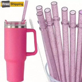 Unbranded 5pcs Pink Glitter Reusable Straws w/ Cleaning Brush | Fits 24-30oz Mason Jars
