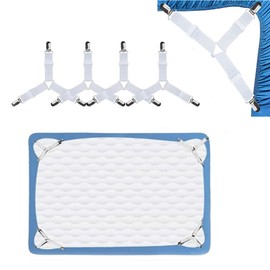 LNtech [4 Pcs] Bed Sheet Fasteners,Adjustable Triangle Elastic Fasteners with Metal Clips for Bed Sheets,Mattress Covers,Sofa Cushion,Iron Table,Dining Table Cloth etc. (White)