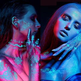 DPKOW Blue Luminous Temporary Tattoos Indian Lace Tattoo Stickers for Eid Wedding Hand Arm Body Art, Glow in the Dark Mandala Flower Temporary Tattoos Neon Face Hand Paint, 10 Sheets