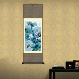 Penerl Wall Hangings - Lotus Theme Ink Scroll for Home Decor, Durable Silk with Brocade Frame, Versatile Paintings for Living Room, Bedroom, Office, Hotel, or Dining, Gift Ready