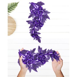 1pc Large Flower Rhinestone Applique Purple, Embroidery Sequin Patches for Clothes,Beaded Lace Applique for Wedding Bridal Dress Bodice Hat Sewing Craft for Girl Embellishment(Purple)