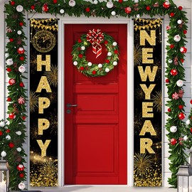 Happy New Year Porch Banner 2025 Black Gold Glitter New Years Eve Welcome Sign New Year 2025 Decor Happy New Year Party Decorations for Home Party