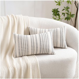 Zealax 12x20 Boho Throw Pillow Covers Lumbar Decorative Neutral Farmhouse Cushion Covers for Couch Bed Living Room, Cotton Textured Striped Pillowcases Set of 2, Grey