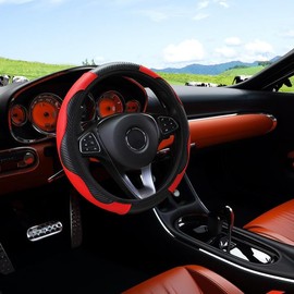 Car Steering Wheel Cover, Universal Size Steering Wheel Cover Fit 37-38cm/14.5-15inch, Anti-slip Carbon Microfiber Steering Wheel Cover, Breathable Car Accessory Steering Wheel Protector Cover, Red