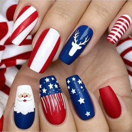 Independence Day Press on Nails Medium Coffin Fake Nails with Red White Striped Design Blue Santa Claus False Nails Elk Glue on Nails Glossy Summer 4th of July Christmas Nails for Women Manicure 24Pcs
