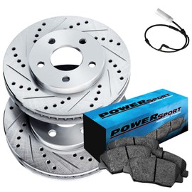 BRAKELABS POWERSPORT Front Silver Drilled Slotted Brake Rotors and Ceramic Pads Compatible For 2003-2005 Land Rover Range Rover