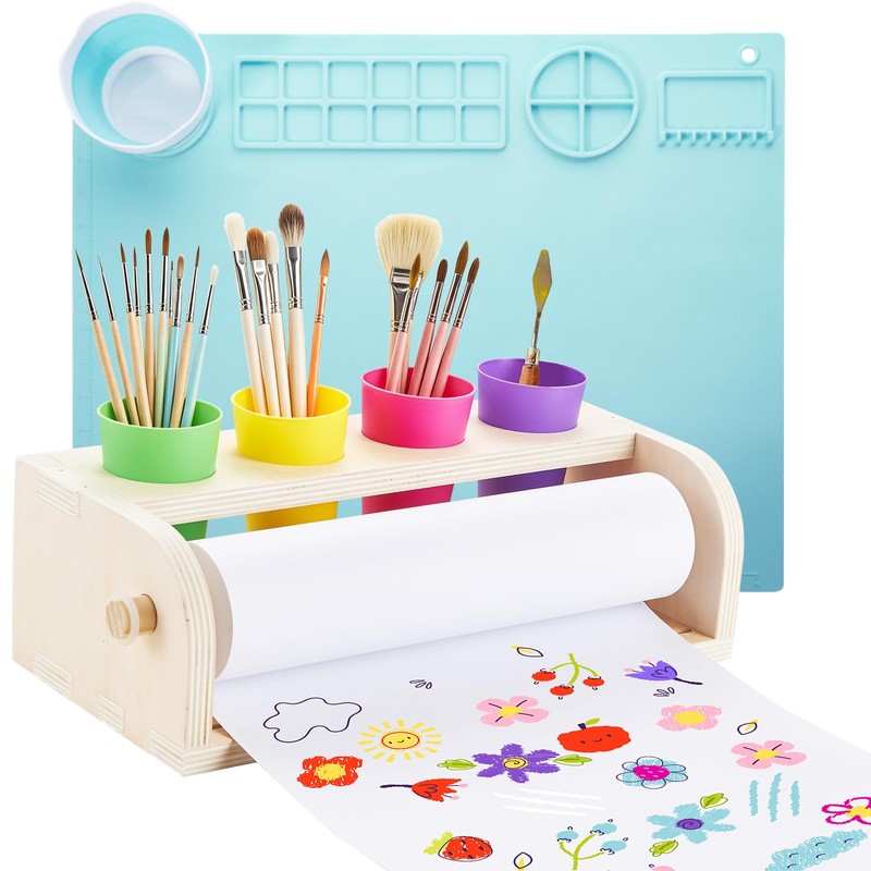 YOKUGO Kids Art Easel with Paper Roll Wooden Tabletop Paper