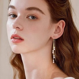 Clearine Threader Earrings Gold Plated Rhinestone Light Pink Teardrop Chain Dangle Earrings for Women Girls