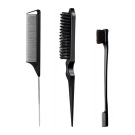 Xinfox 3 Pcs Hair Styling Comb Set, Teasing Hair Brush Rat Tail Comb Edge Brush, Boar Bristle Hair Brush Bristle Brush Grooming Comb for Women Girls（Black)