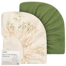 Yukkidds Muslin Mini Crib Sheets 100% Cotton Pack and Play Sheets Fitted for Pack N Play Mattress Neutral Baby Bedding Sheets for Boys Girls 2 Pack Green