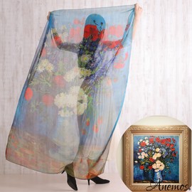 [Anemos] Silk 100% Impressionist Vincent Van Gogh Cornflower and Poppy in a Vase Chiffon Silk Large Large Masterpiece Stole Gift, blue