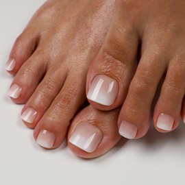 Press on Toenails for Women in 15 Sizes,30 Pcs Fits,French Square Acrylic Toe Nails Tips Press Ons Short, Glossy Fake Toenails With Glue (Nude White Ombre)