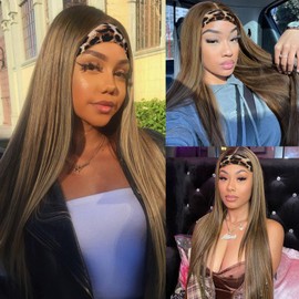 SAPPHIREWIGS Straight Headband Wig Ready to Go Glueless Synthetic Highlight Brown Headband Wigs Long Straight Wig for Black Women Daily Party Use 26 Inch