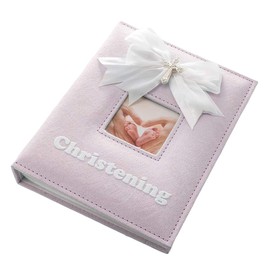 White Faux-Silk Double Bow and Silver Plated Cross Christening Photo Album in Pink - Holds 60 6x4 Pictures - Gorgeous Christening Gift Idea for Baby Girl by Happy Homewares