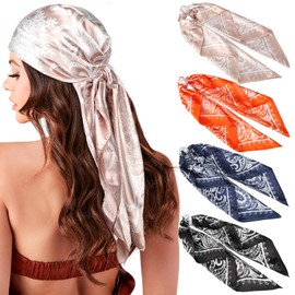AWAYTR 35" Large Silk Hair Scarf for Women - 4Pcs Satin Head Scarf Square Hair Bandanas Floral Wild Rag Sleeping Head Wraps (Cashew(Black/Apricot/Orange/Navy))