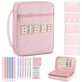 Sinload 20 Pcs Chenille Letter Bible Cover for Woman with Bible Tabs 6 Colored Gel Pen 6 Highlighters 2 Types of Clear Sticky Notes Bible Carrying Case Tote Bag with Handle for Study Supplies Gifts
