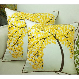 ZUODU Yellow Cushion Covers 18x18 Inch 2PC 45cmx45cm Embroidered Cotton Linen Decorative Throw Pillow Cover Cushion Case Pillow Case - The Tree of Life (Yellow with Frame) (YELLOW-2PC)