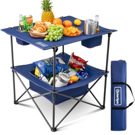 OuterSpa Folding Camping Table, Portable Outdoor Picnic Table, Rectangular Lightweight Camp Table with Storage, Cup Holder and Carry Bag for Barbeque Beach Camping and Tailgate