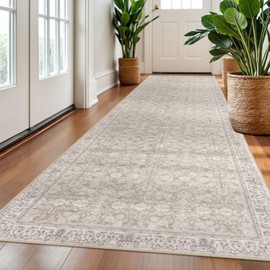 Siiloom 3x10 Beige White Washable Runner Rug for Kitchen, Soft Classic Runner with Non-Slip, Non-Shedding Distressed Floral Rug for Hallways Entryway Bedroom Laundry Indoor