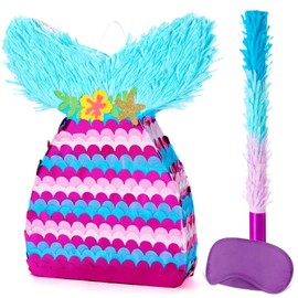 WERNNSAI Mermaid Piñata - Mermaid Party Games Decorations Mermaid Tail Piñata with Blindfold and Bat for Girls Kids Under the Sea Themed Birthday Party Supplies (12.5" x 16.5" x 3")